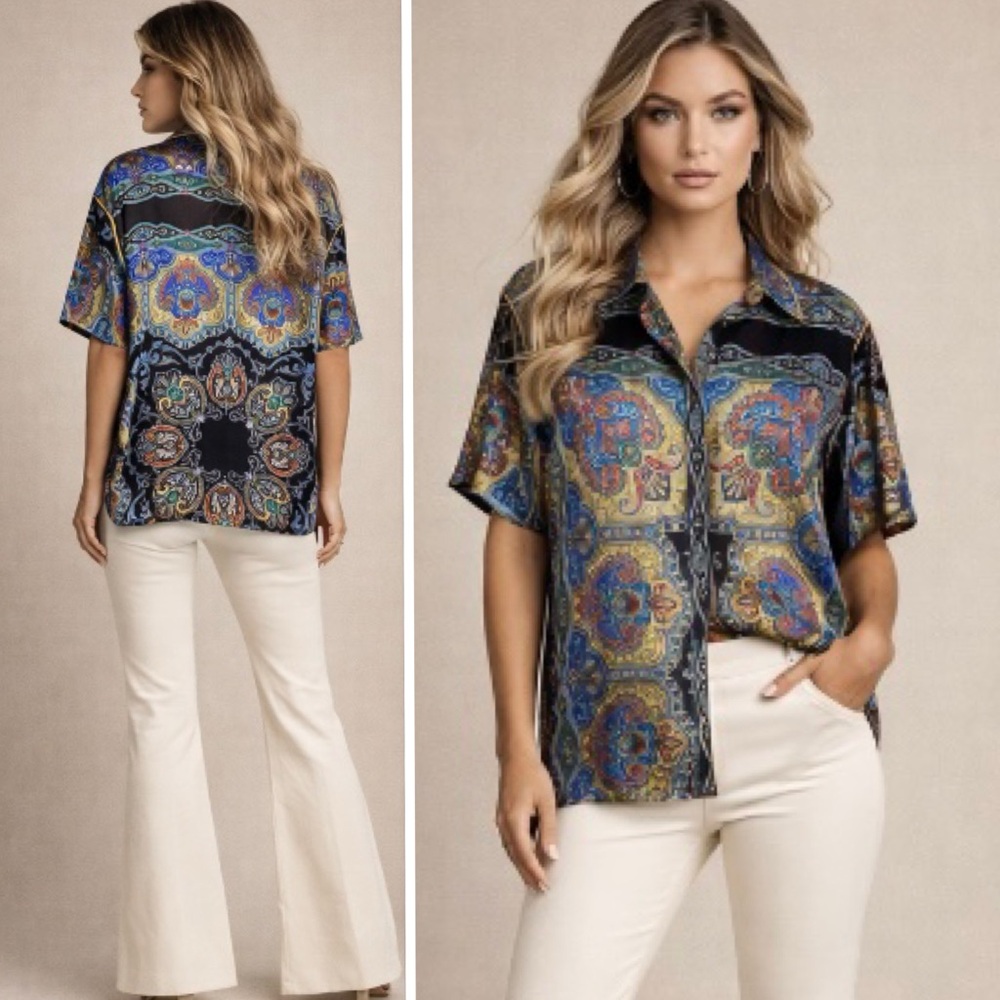 Sandro Ramy Paisley Print Satin Shirt Short Sleeve Silk-Feel Multi Size 3 - Picture 2 of 15